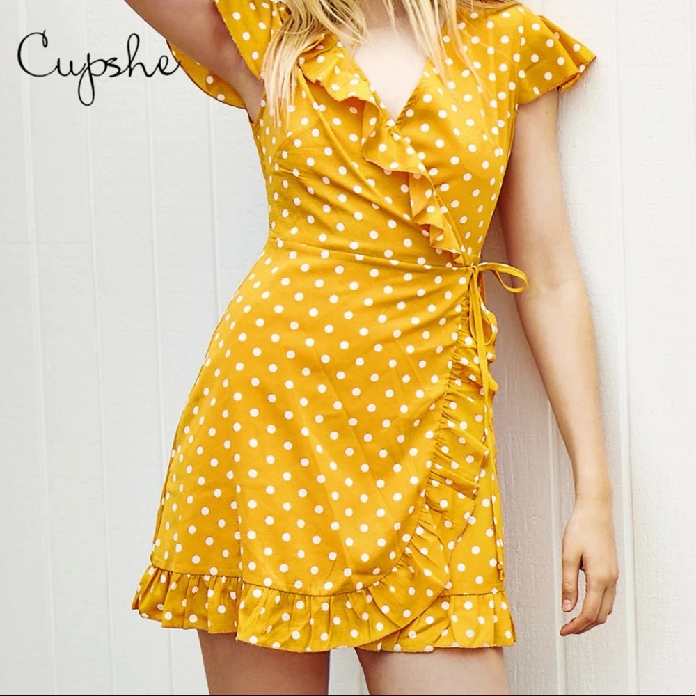 Cupshe Yellow Polka Dot Wrap Dress NWT XL